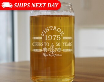 Engraved 16 oz. Birthday Beer Can Glass-50th Birthday Gift For Men and Women-Vintage-1975-Cheers To 50 Years-Aged to Perfection-Back in 1975