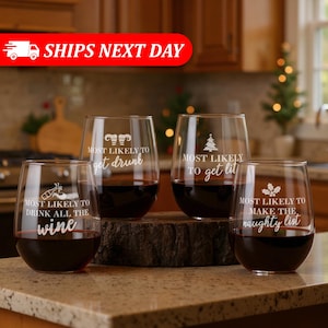 Funny Christmas Gift-Most Likely To Christmas-Funny Wine Glasses-Secret Santa Gift Ideas-Stocking Stuffers For Adults-Christmas Wine Gift