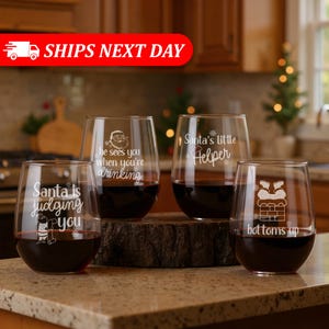 Funny Santa Wine Glasses-Funny Christmas Wine Glasses-Secret Santa Gifts-Christmas Exchange Gift-He Sees You When You&#39;re Drinking-Xmas Gifts