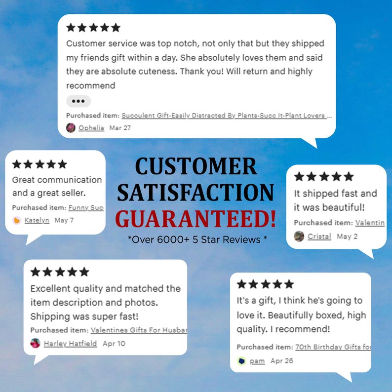 May include: A graphic display featuring the text CUSTOMER SATISFACTION GUARANTEED! and Over 6000+ 5 Star Reviews. Five white speech bubbles surround the text, each containing a five-star rating and a customer review regarding product quality and service.