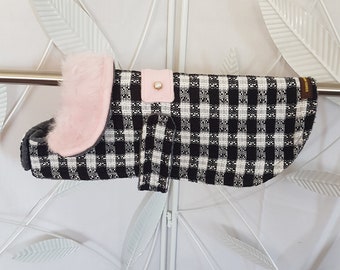 Small black/white wool blend  check dog coat, small Dog Coat, Dog jacket, hand made dog coat, pet clothing