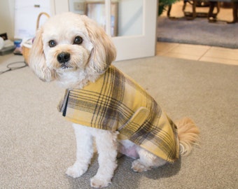 Medium  Dog Coat, medium mustard/brown plaid Dog Coat, hand made Dog Coat, Dog Jacket, plaid, tartan,  BowzaWowzaWear