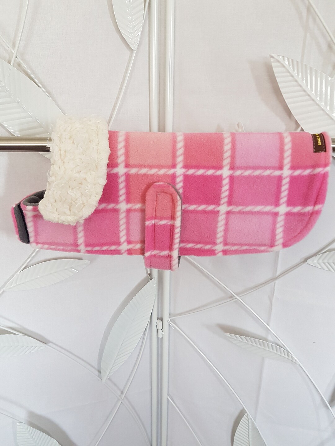 Small Pink White Plaid Fleece Dog Coat, Pink/white Plaid Dog Coat, Pink