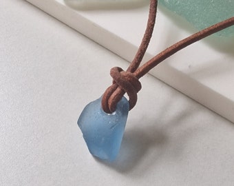 Genuine English Sea Glass pendant necklace, on real leather cord, in cornflower blue. Beach glass. Adjustable. Naturally surf tumbled