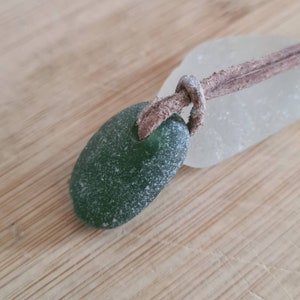 Genuine English seaham  Sea Glass pendant necklace, on real leather cord, in solid green.  Naturally surf tumbled. Beach glass.
