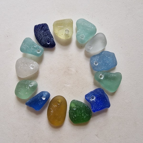 Genuine English Seaham sea glass pieces. Various colours. Top drilled. Ideal pendants/crafts/necklace. Naturally surf tumbled