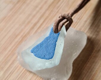 Genuine English Sea Glass pendant necklace, on real leather cord, in rustic blue and clear. Naturally surf tumbled. Beach glass.