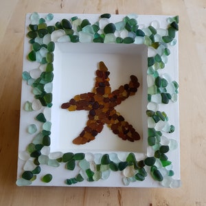 Upcycled, wall art, picture box. Made with seaham sea glass. Brown star fish