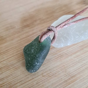Genuine English seaham  Sea Glass pendant necklace, on real leather cord, in solid green.  Naturally surf tumbled. Beach glass.