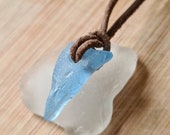 Genuine English Sea Glass pendant necklace, on real leather cord, in rustic blue. Naturally surf tumbled. Beach glass.