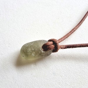Genuine English seaham  Sea Glass pendant necklace, on real leather cord, in solid light green. Naturally surf tumbled. Beach glass.