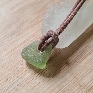 Genuine English seaham  Sea Glass pendant necklace, on real leather cord, in solid olive green.  Naturally surf tumbled. Beach glass.