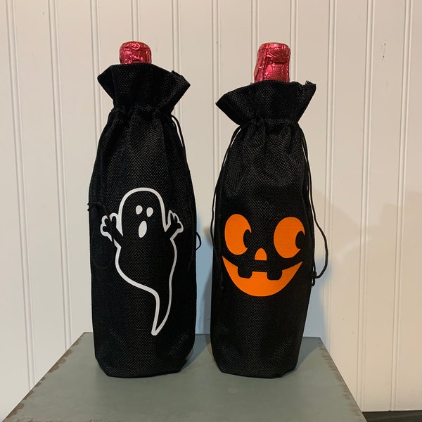 Ghost or Pumpkin Face burlap wine bag/Halloween/ Gift Idea