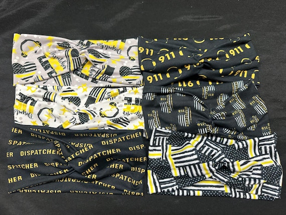 7 Different Dispatcher Police 911 Thin Yellow Line Flag Women's Stretchy Twisted Knot Turban Headband, Head Wrap, knit fabric,