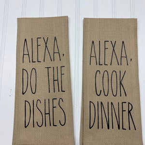 Alexa Funny Towels, Kitchen Towel, Linen Towel, Funny Kitchen Towel, Dish Towel, Tea Towel, Hostess Gift, on Tan Towel