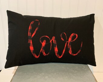 Buffalo Plaid LOVE on Black Cotton 12"x 20" Accent Pillow Cover
