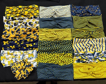 18 Different University of Michigan Wolverines Women's Stretchy Twisted Knot Turban Headband, Head Wrap, knit fabric, Scrunchy