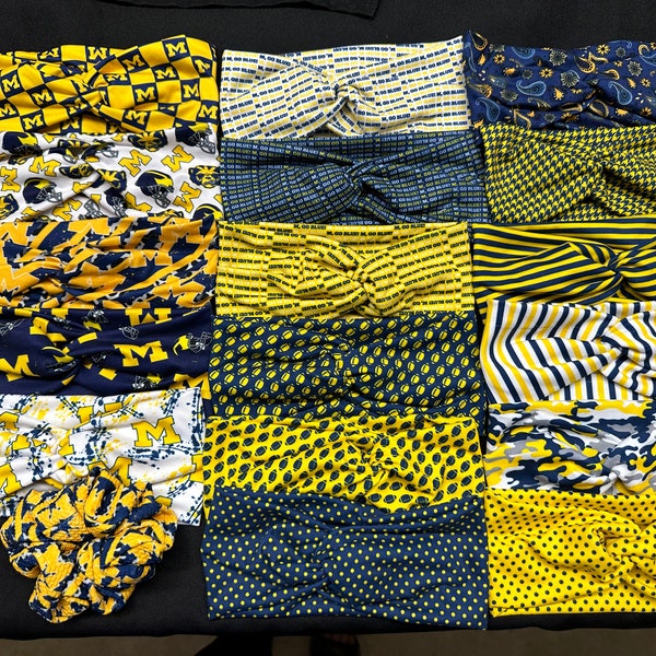 18 Different University of Michigan Wolverines Women's Stretchy Twisted Knot Turban Headband, Head Wrap, knit fabric, Scrunchy