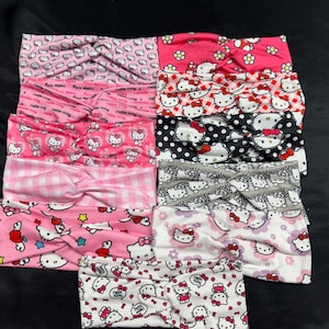 11 Different Cute Pink Kitty Women&#39;s Stretchy Twisted Knot Turban Headband, Bullet Scrunchy, Head Wrap,