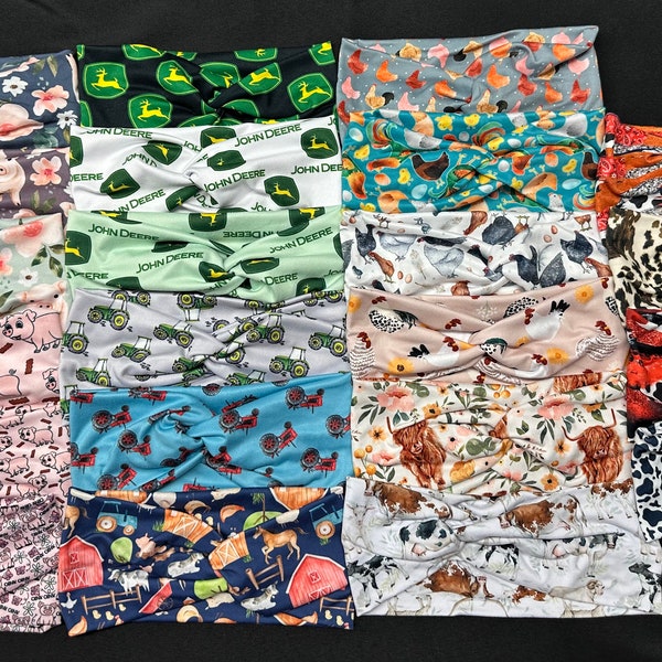 25 Different Farm Pigs Cows Chickens Bandana, Women's Stretchy Twisted Turban Headband, Head Wrap, knit fabric, One Size Fits