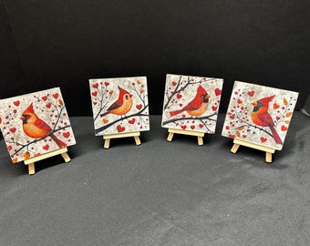 Folk Art Decor, Winter Rustic Wood Mini Plaques, Easel Display, Whimsical, Cardinals