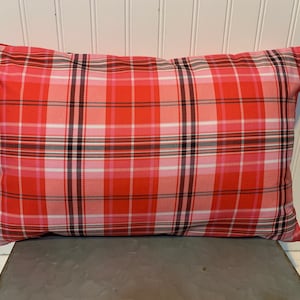 Soft Tone Red Pink Plaid Cotton Pillow Cover/ 12&quot; x 20&quot; Lumbar /Valentines Day
