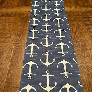 NEW White Anchors on Navy Cotton Duck Linen Table Runner, Various Lengths, Nautical, Sailor