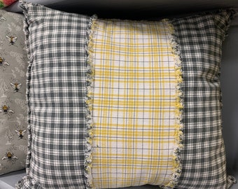 Three Panel Rag Pillow/  18" x 18"/ Pillow Cover Only /Primitive/Country/Accent/Gray Yellow Plaid