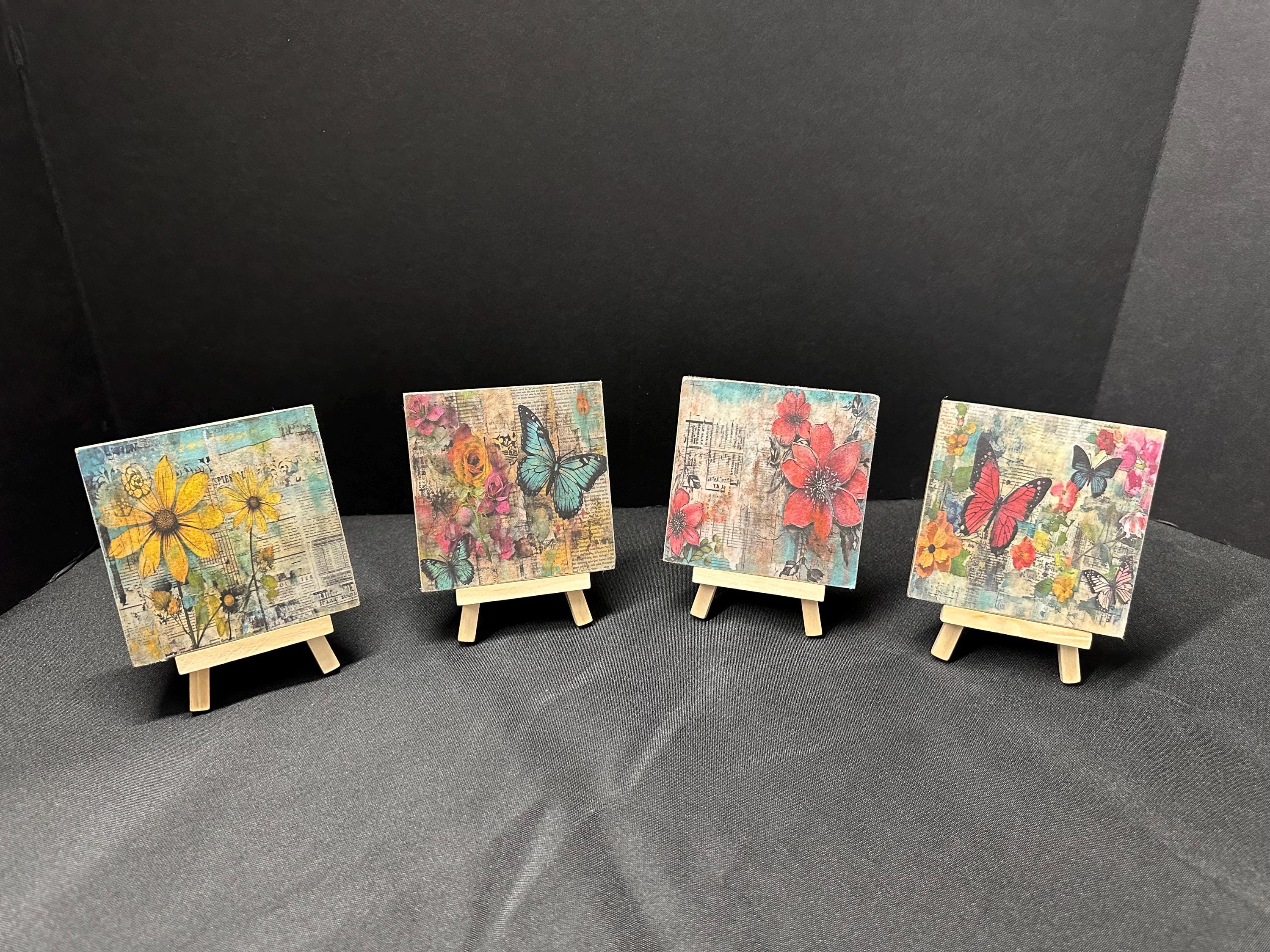 Folk Art Decor,  Flowers and Butterflies on Vintage Paper, Rustic Wood Mini Plaques, Easel Display, Whimsical,