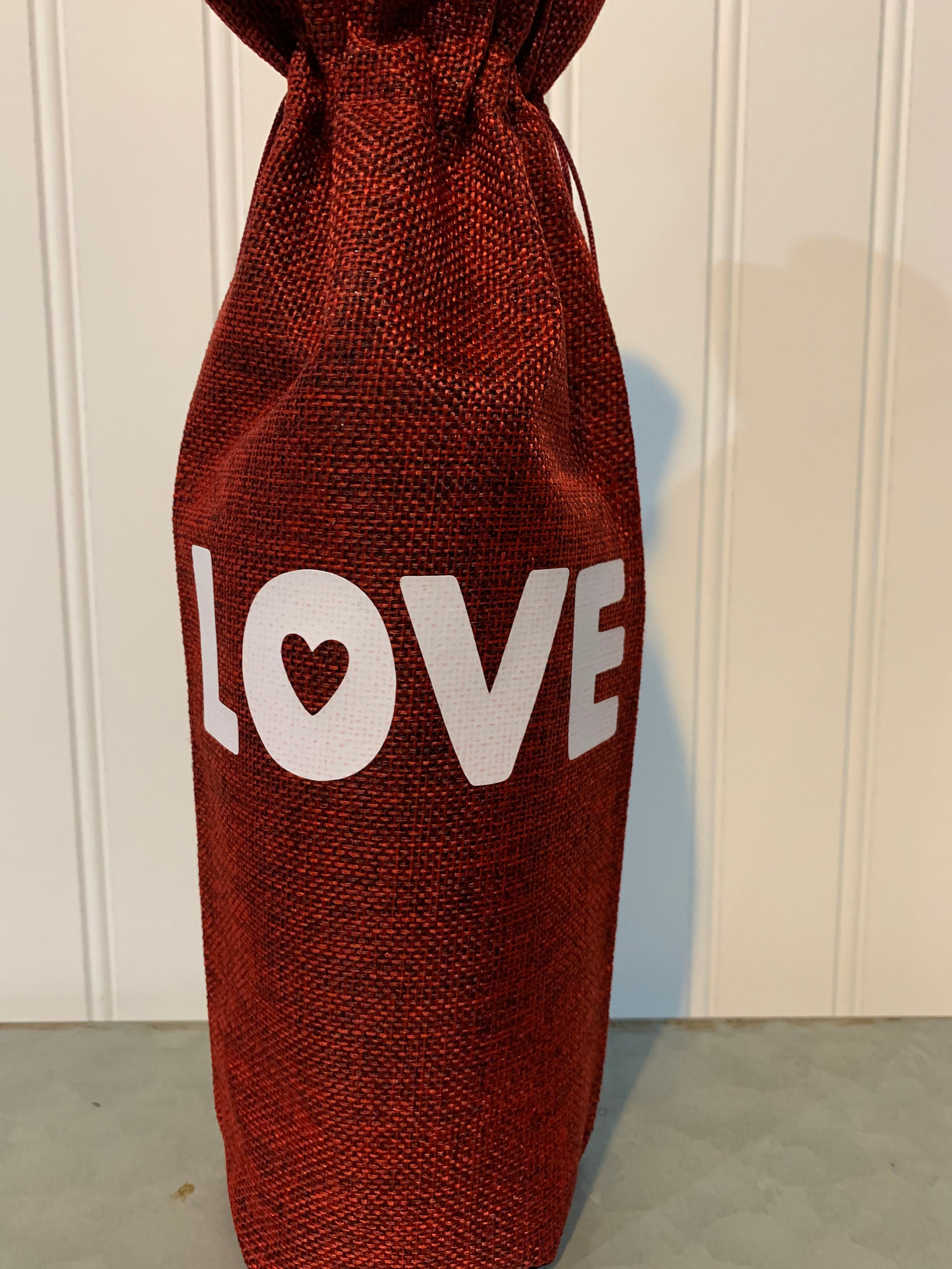 LOVE on Red Burlap Wine Bag Etsy UK
