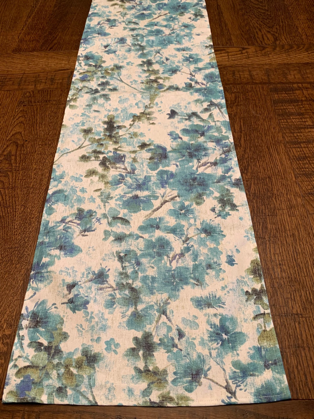 Floral Seagrass Teal Linen Cotton Canvas Table Runner, Various Lengths ...