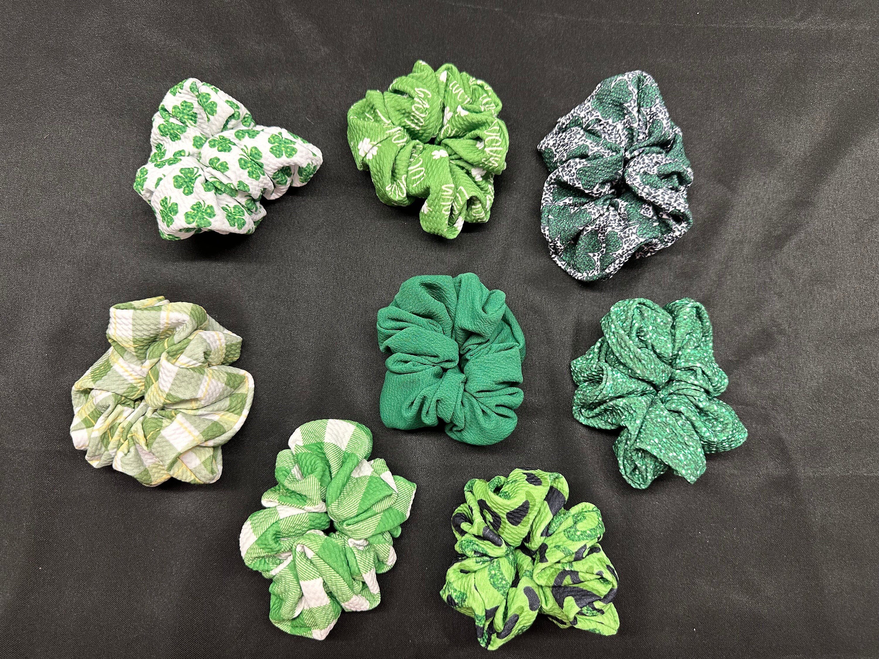 8 Different St Patricks Prints Scrunchies,  Hair Ties, Gift Ideas, Gift Ideas for Her