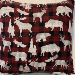 Moose Bear Buffalo on Dark Red Black Buffalo Plaid /16&quot; x 16&quot;/ 18&quot; x 18&quot;/Flannel Pillow Cover/