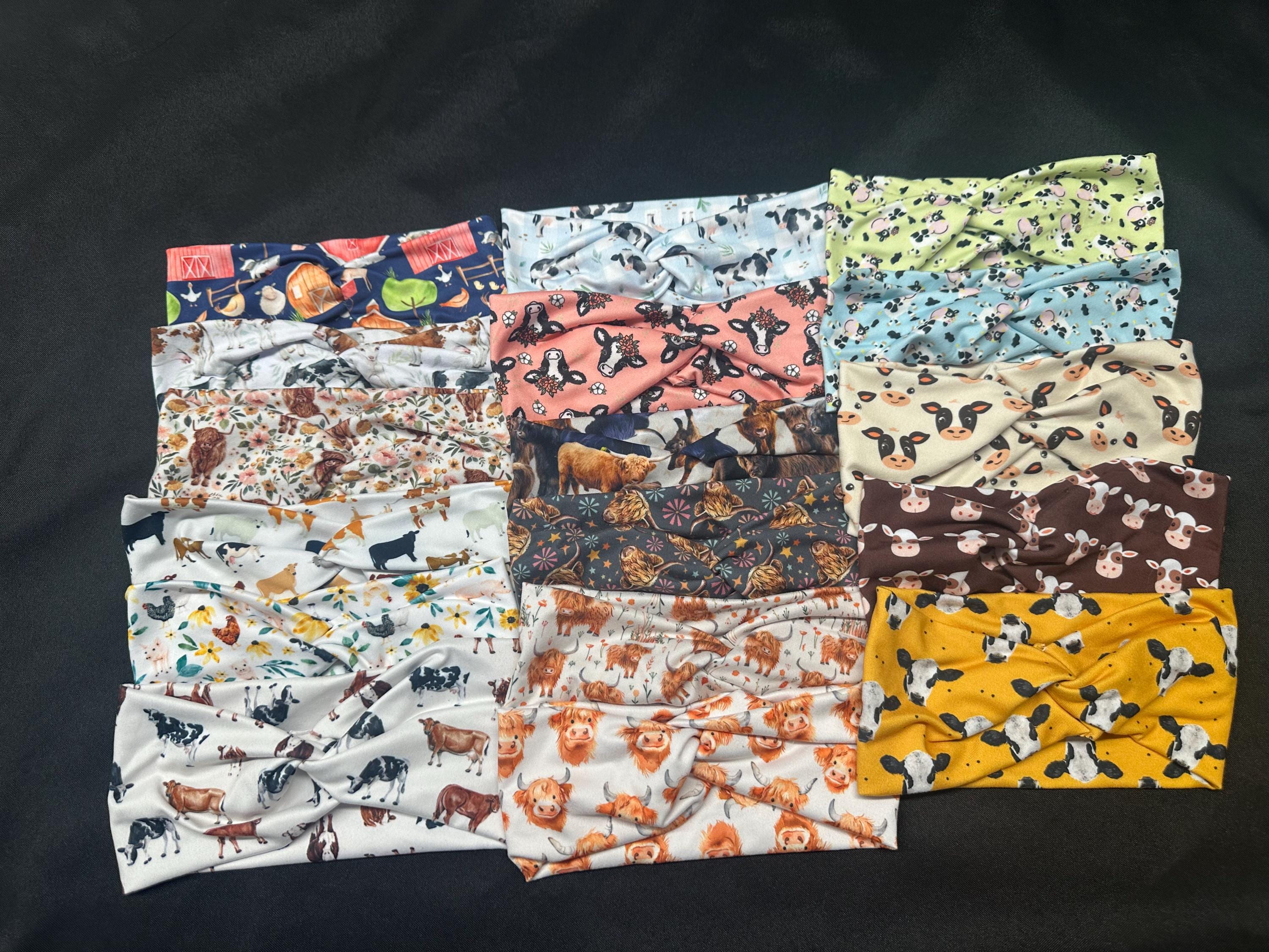 17 Different Farm Cows Highland Cow Bandana, Women's Stretchy Twisted Turban Headband, Head Wrap, knit fabric, One Size Fits
