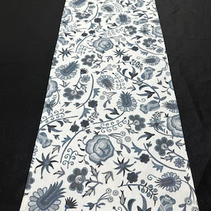 NEW Natural Blue Floral Cotton Linen Table Runner, Various Lengths, Perfect for Decorating
