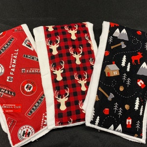 Set of Three Diaper Burp Cloths with Cotton Strip, Burp Cloth, Baby Gift, Woodland Buffalo Plaid Theme, farmall Tractor