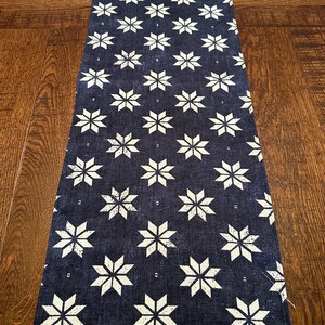 May include: A navy blue table runner with a white star pattern. The runner is made of a soft, textured fabric.