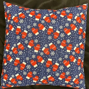 NEW Red Mittens and Snowflakes on Blue/16&quot; x 16&quot;/ Cotton Pillow Cover/Christmas Pillow/Winter Pillow Cover