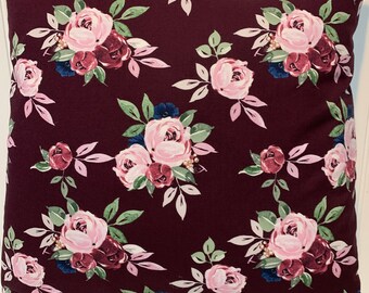 Burgundy Pink Floral Cotton Pillow Cover/ 18" x 18"/16" x 16"/