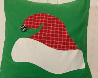 Jingle Bell Santa Hat on green flannel/ 16" x 16" Pillow Cover/Accent Pillow/Christmas
