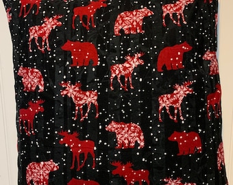 Red Bear & Moose on Black Birch /16" x 16"/ 18" x 18"/ Flannel Pillow Cover/Accent Pillow/Christmas Pillow/Winter Pillow Cover