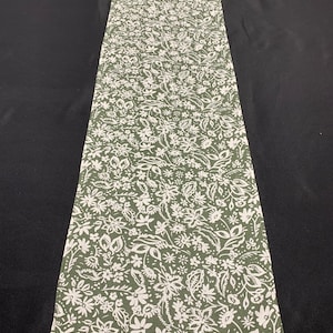 NEW White Floral on Sage Green Cotton Canvas Linen Table Runner, Various Lengths, Perfect for Fall Decorating
