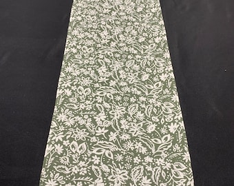 NEW White Floral on Sage Green Cotton Canvas Linen Table Runner, Various Lengths, Perfect for Fall Decorating