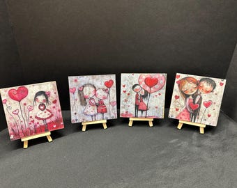 Folk Art Decor, Winter Rustic Wood Mini Plaques, Easel Display, Whimsical, Valentines