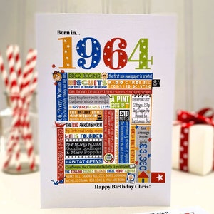 60th Birthday Card. Personalised 1964 card with free matching gift tag