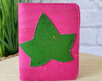 Pink and green wallet, Cork Slim Wallet, Vegan wallet for women, Pink and Green Ivy, Credit card holder, Small cute wallet, Mini wallet