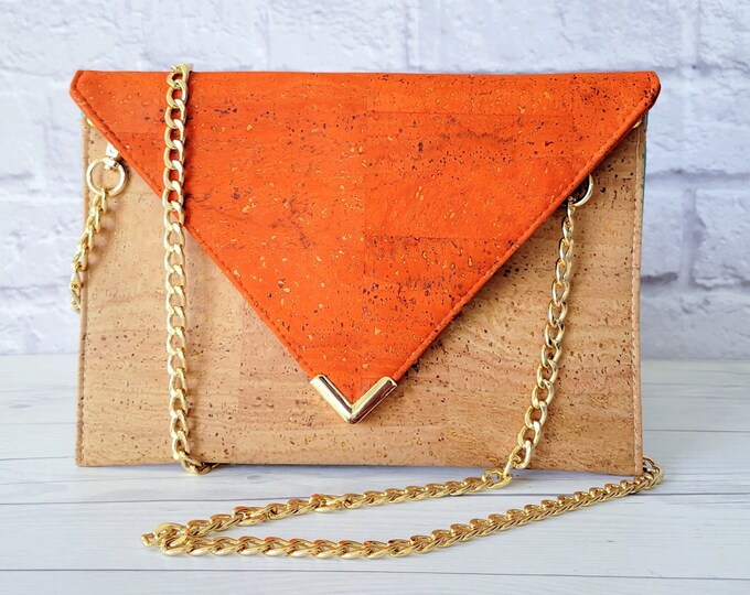 Featured listing image: Orange and Tan Cork Envelope Clutch with Gold Crossbody Chain