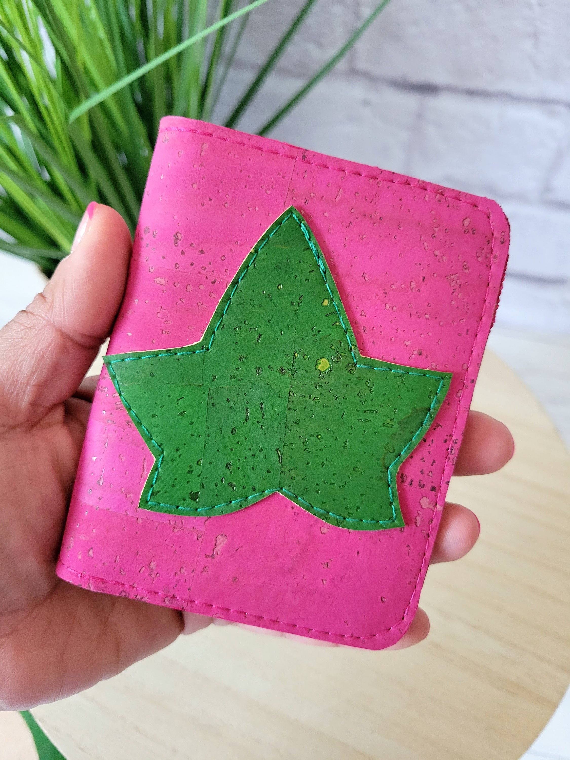 Pink and green wallet, Cork Slim Wallet, Vegan wallet for women, Pink