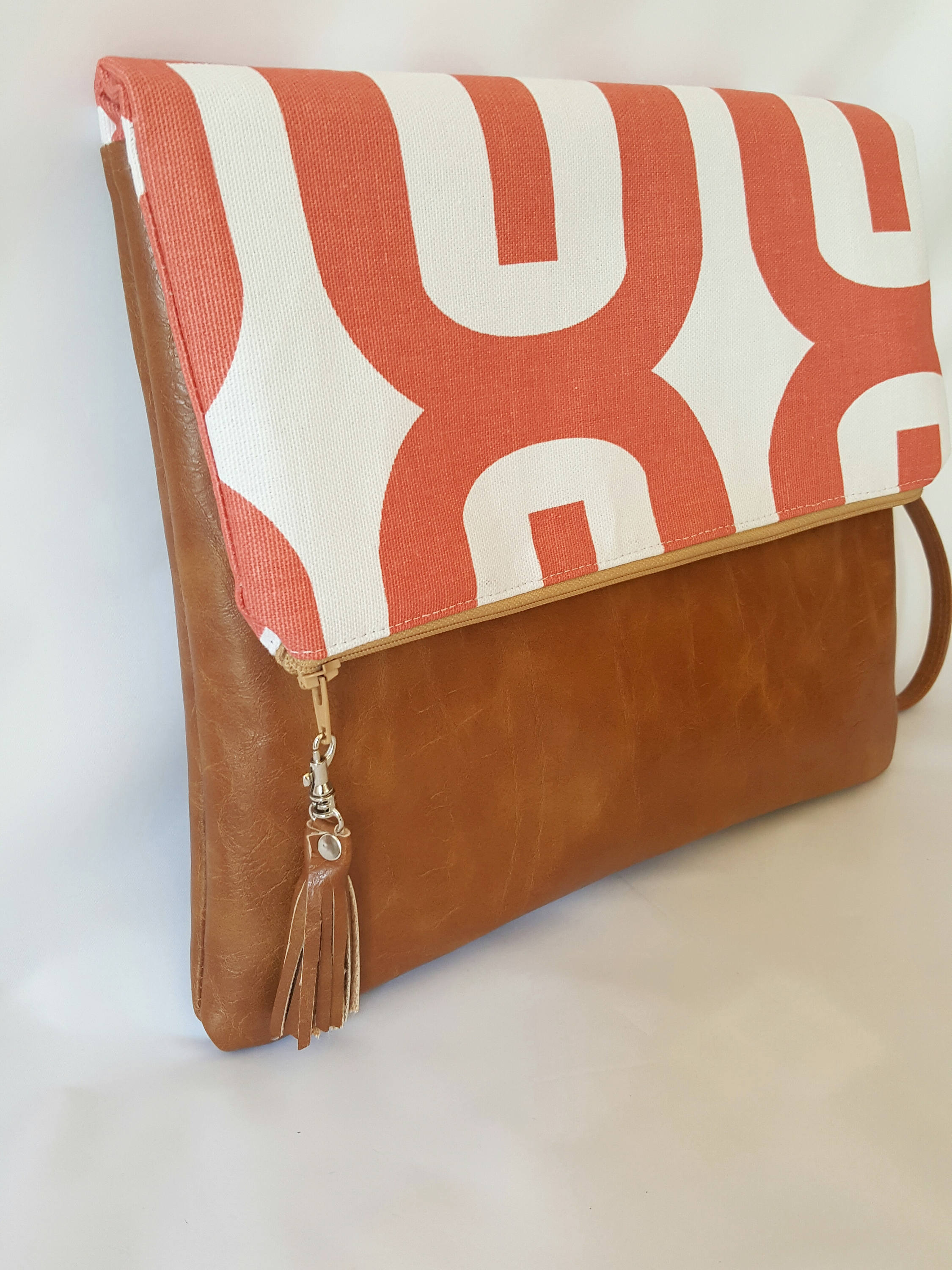 Coral Clutch Bag, Coral Tan Clutch Purse, Faux Leather Clutch, Large