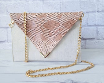 Tan Cork Envelope Clutch with Gold Chain and Snake Textured Vegan Leather